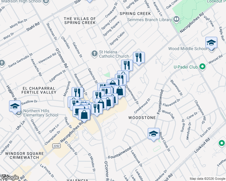 map of restaurants, bars, coffee shops, grocery stores, and more near 5402 Eternal in San Antonio