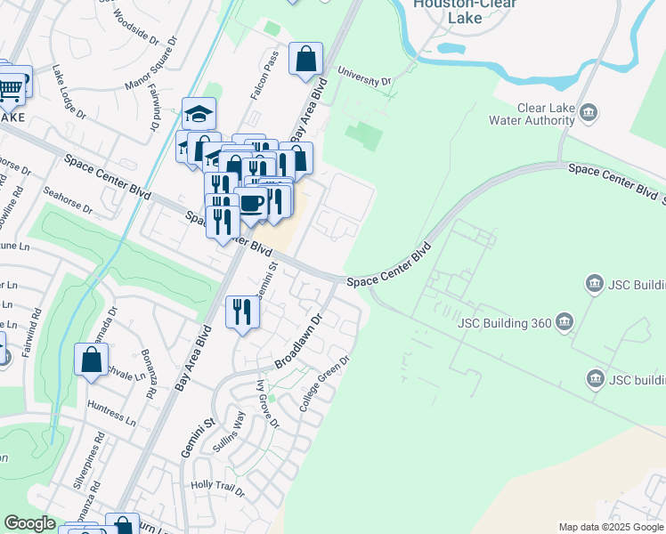 map of restaurants, bars, coffee shops, grocery stores, and more near 16560 Space Center Boulevard in Houston