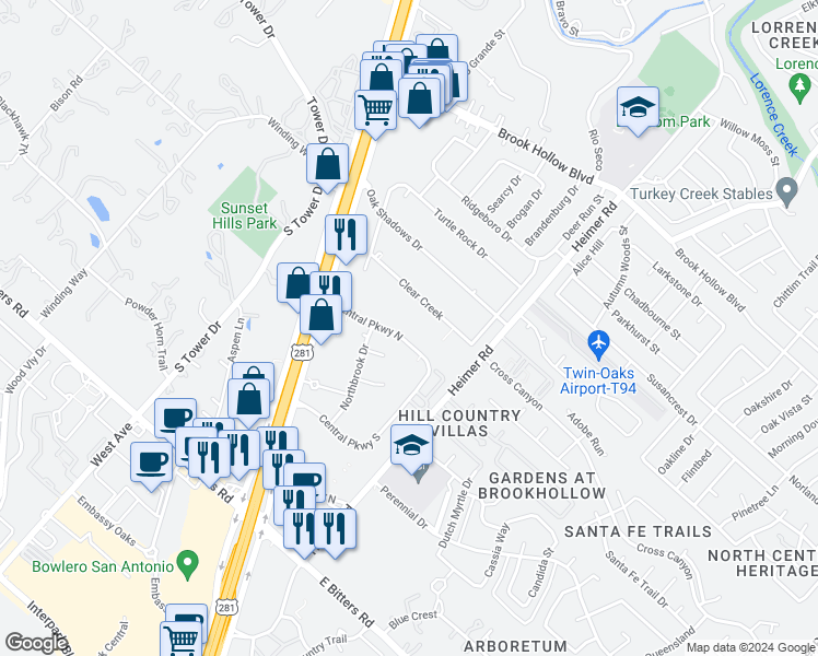 map of restaurants, bars, coffee shops, grocery stores, and more near 1019 Central Parkway North in San Antonio