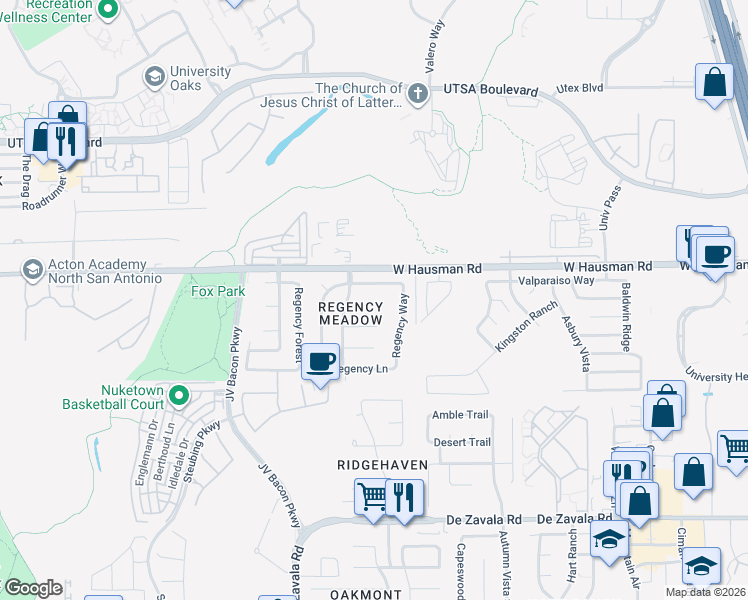map of restaurants, bars, coffee shops, grocery stores, and more near 6314 Regency Court in San Antonio