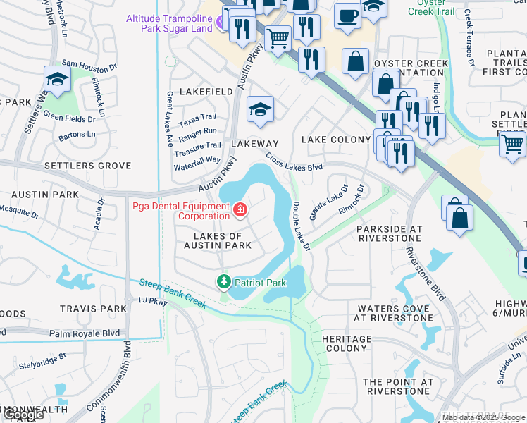 map of restaurants, bars, coffee shops, grocery stores, and more near 4619 Jamaica Drive in Sugar Land