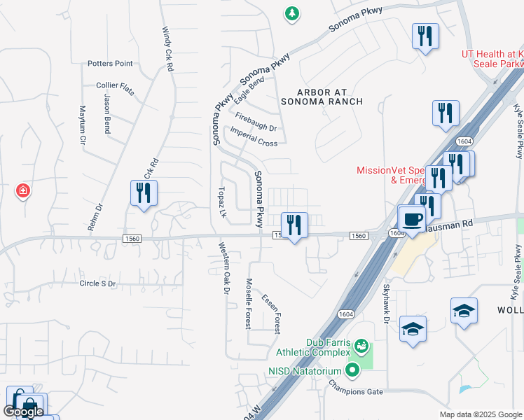 map of restaurants, bars, coffee shops, grocery stores, and more near 9800 Sonoma Parkway in Helotes
