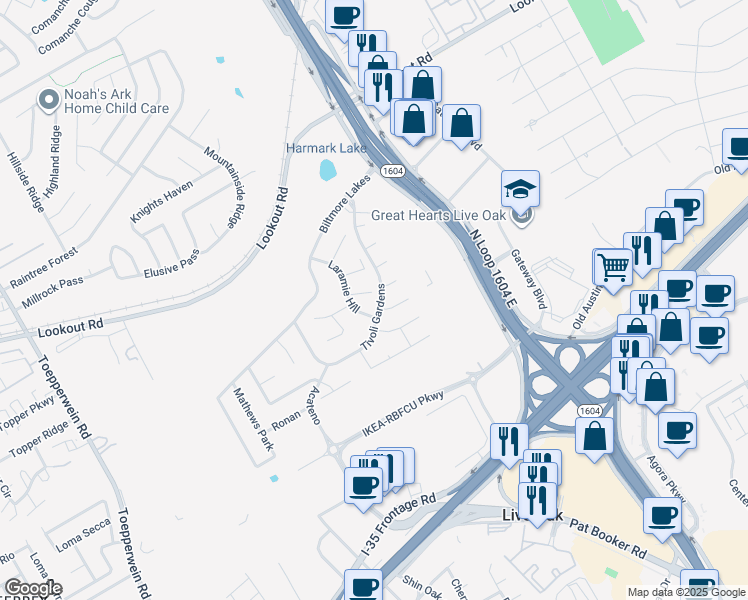 map of restaurants, bars, coffee shops, grocery stores, and more near 13904 Bressani Way in Live Oak