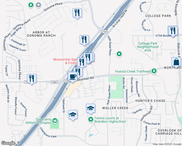 map of restaurants, bars, coffee shops, grocery stores, and more near 8123 West Hausman Road in San Antonio