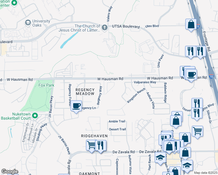 map of restaurants, bars, coffee shops, grocery stores, and more near 13450 Purdue Valley in San Antonio