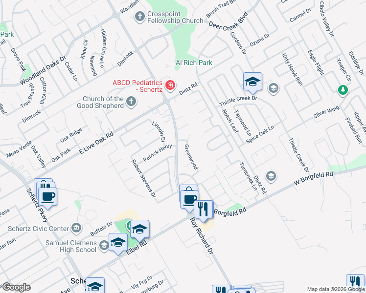 map of restaurants, bars, coffee shops, grocery stores, and more near 1205 Cedarwood in Schertz