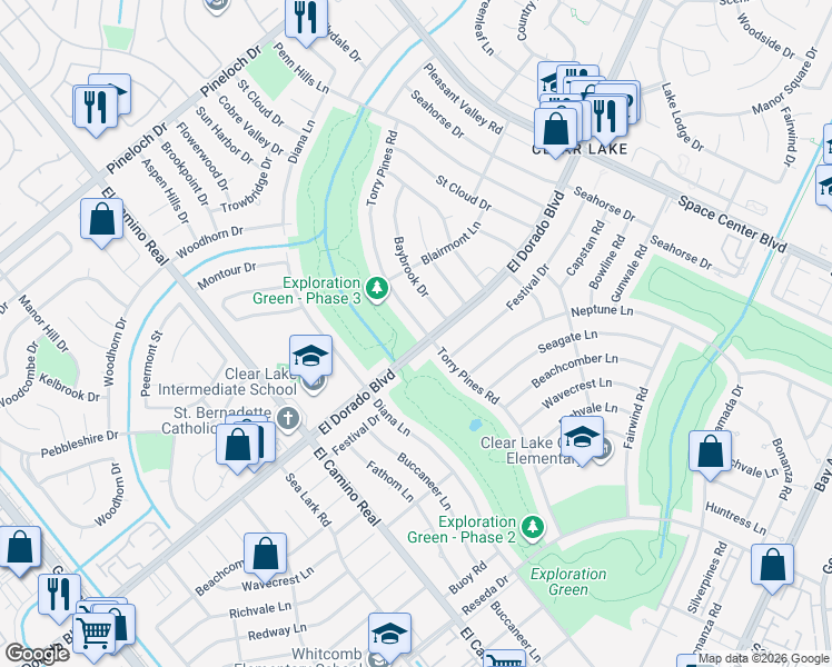 map of restaurants, bars, coffee shops, grocery stores, and more near 15542 Torry Pines Road in Houston