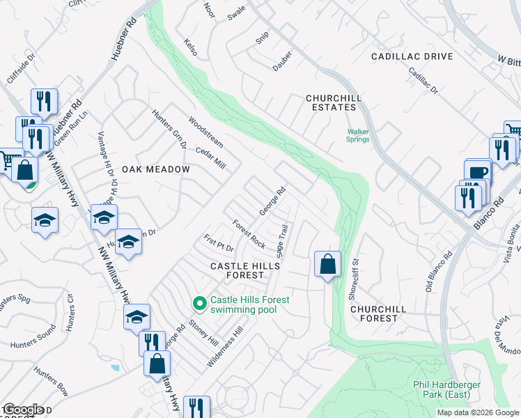 map of restaurants, bars, coffee shops, grocery stores, and more near 13707 Pebble Point in San Antonio