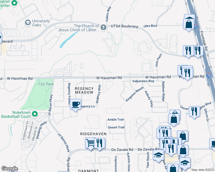 map of restaurants, bars, coffee shops, grocery stores, and more near 13450 Purdue Valley in San Antonio