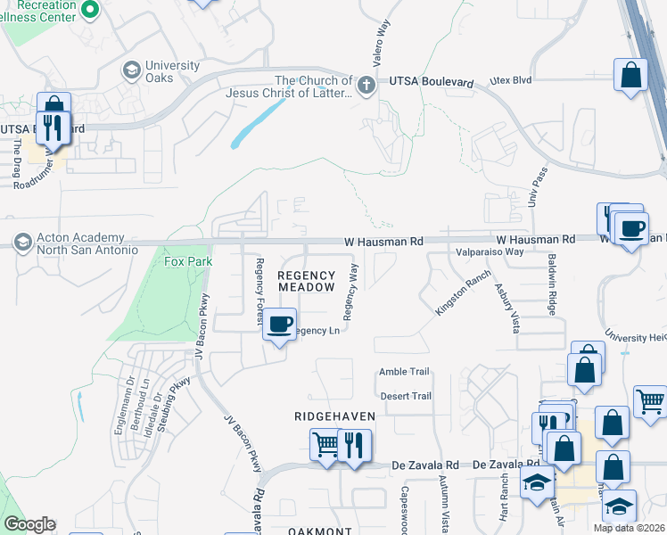 map of restaurants, bars, coffee shops, grocery stores, and more near 6314 Regency Court in San Antonio