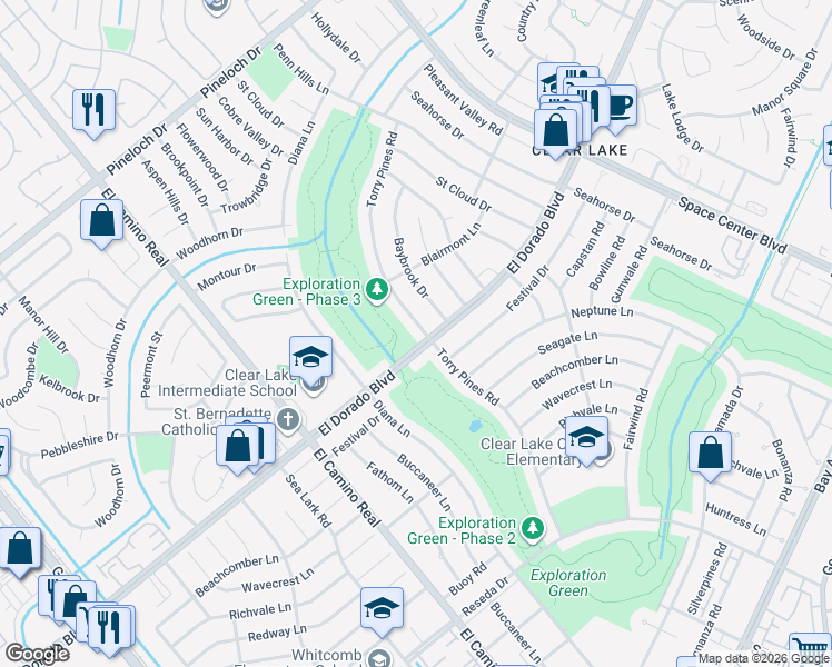 map of restaurants, bars, coffee shops, grocery stores, and more near 15542 Torry Pines Road in Houston