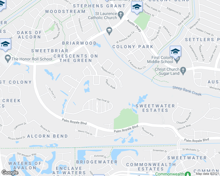 map of restaurants, bars, coffee shops, grocery stores, and more near 86 Pipers Walk in Sugar Land