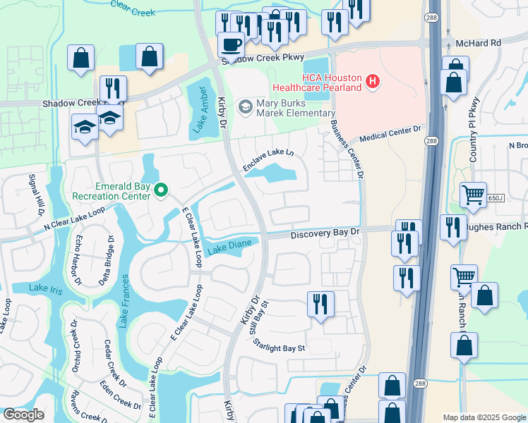 map of restaurants, bars, coffee shops, grocery stores, and more near 11501 Watercastle Court in Pearland