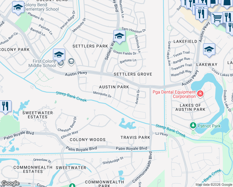 map of restaurants, bars, coffee shops, grocery stores, and more near 3407 Black Locust Drive in Sugar Land