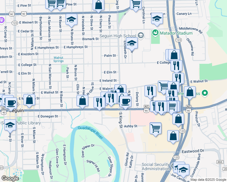 map of restaurants, bars, coffee shops, grocery stores, and more near 1028 East Mountain Street in Seguin