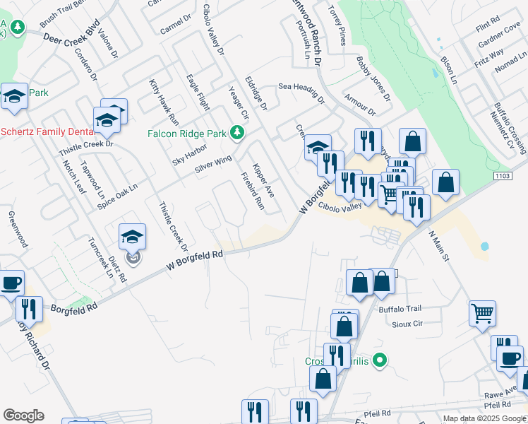 map of restaurants, bars, coffee shops, grocery stores, and more near 224 Firebird Run in Cibolo