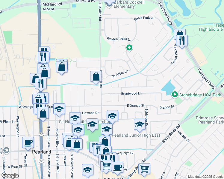 map of restaurants, bars, coffee shops, grocery stores, and more near 3407 Brentwood Lane in Pearland