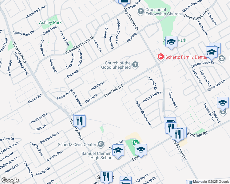 map of restaurants, bars, coffee shops, grocery stores, and more near 1009 Sophie Marie in Schertz