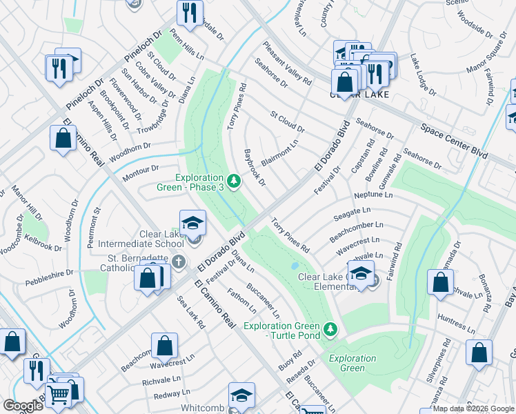map of restaurants, bars, coffee shops, grocery stores, and more near 15542 Torry Pines Road in Houston