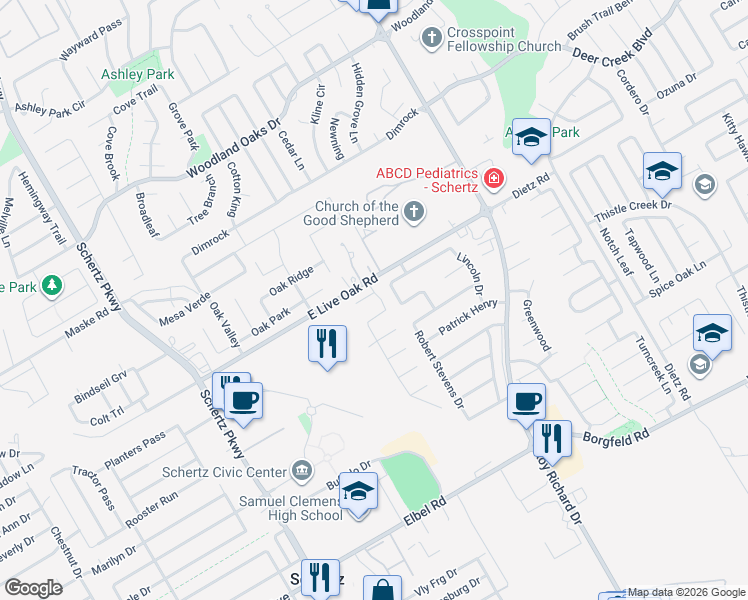 map of restaurants, bars, coffee shops, grocery stores, and more near 1024 Sophie Marie in Schertz