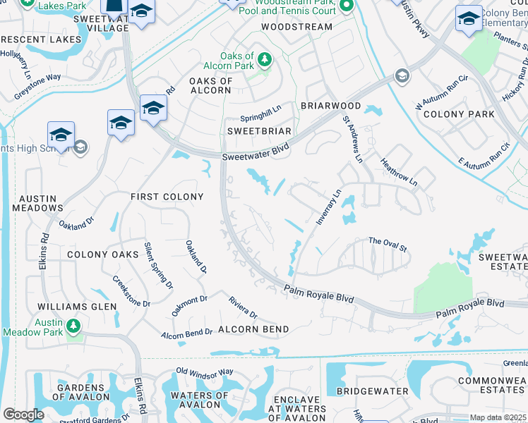map of restaurants, bars, coffee shops, grocery stores, and more near 23 Du Pont Circle in Sugar Land