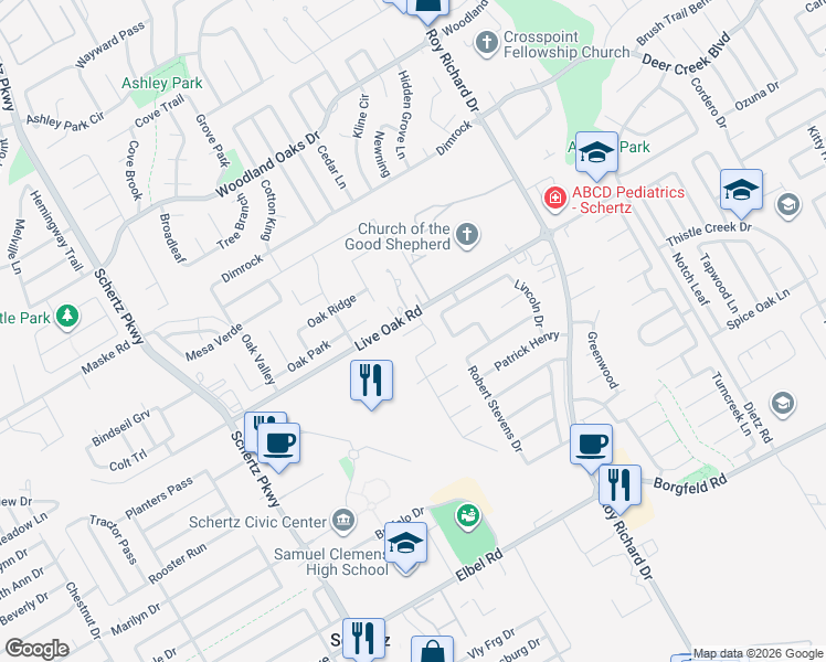 map of restaurants, bars, coffee shops, grocery stores, and more near 1013 Sophie Marie in Schertz