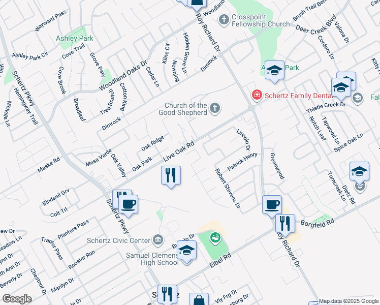map of restaurants, bars, coffee shops, grocery stores, and more near 1012 Sophie Marie in Schertz