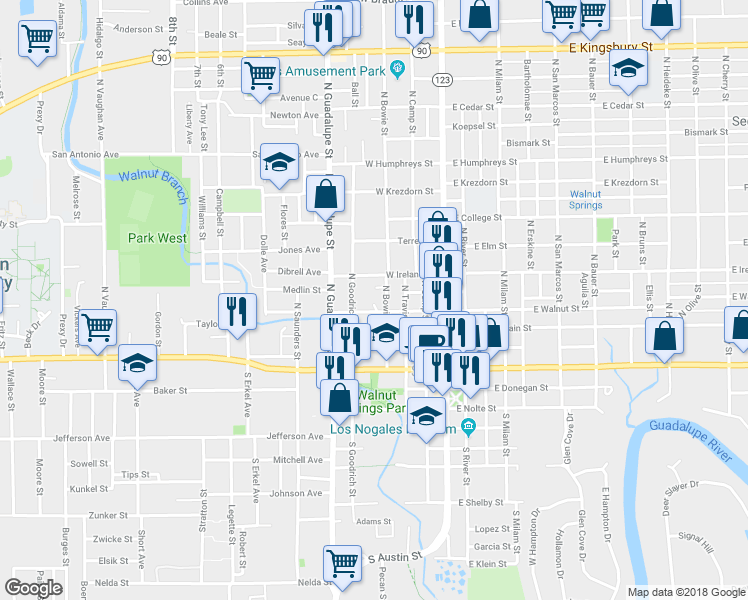 map of restaurants, bars, coffee shops, grocery stores, and more near 420 North Bowie Street in Seguin