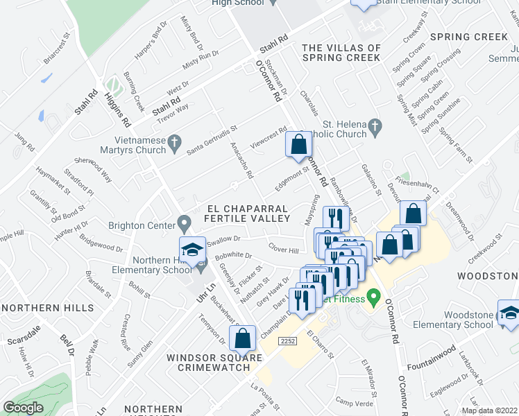 map of restaurants, bars, coffee shops, grocery stores, and more near 14305 Sandiland in San Antonio