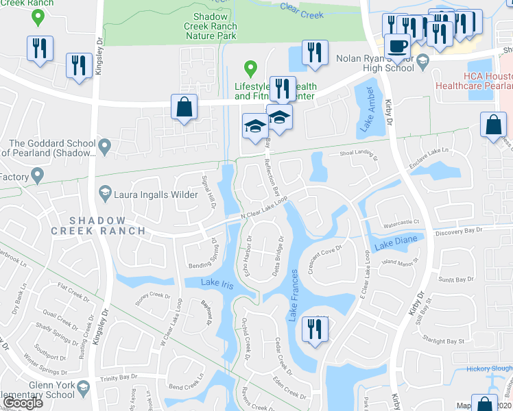map of restaurants, bars, coffee shops, grocery stores, and more near 2201 Amber Creek Court in Pearland