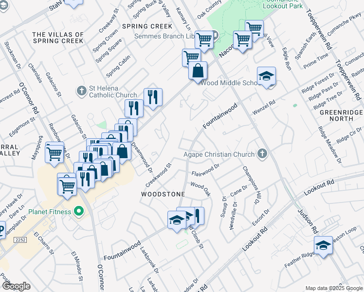 map of restaurants, bars, coffee shops, grocery stores, and more near 14219 Prestwood in San Antonio