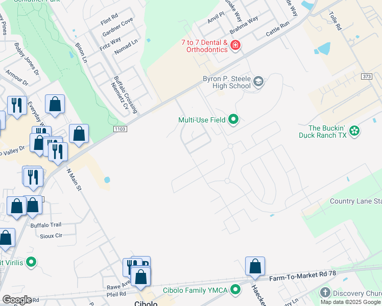 map of restaurants, bars, coffee shops, grocery stores, and more near Clapboard Run in Cibolo