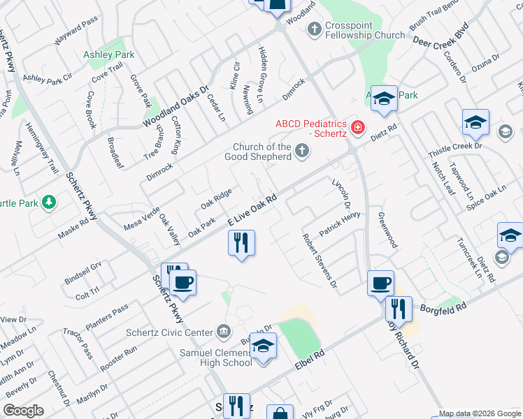 map of restaurants, bars, coffee shops, grocery stores, and more near 1013 Sophie Marie in Schertz