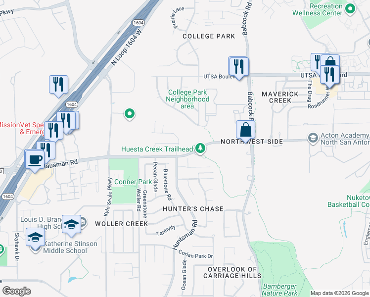 map of restaurants, bars, coffee shops, grocery stores, and more near 13414 Rustling Glen in San Antonio