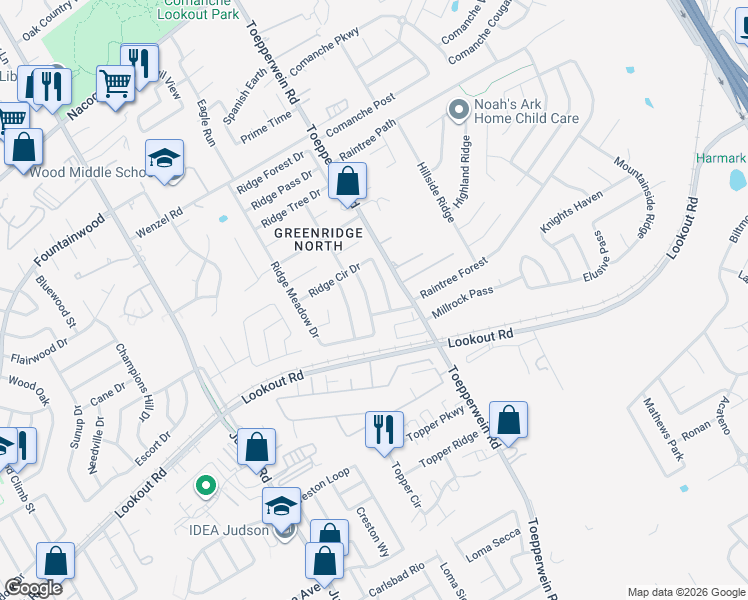 map of restaurants, bars, coffee shops, grocery stores, and more near 14215 Ridge Point Drive in San Antonio
