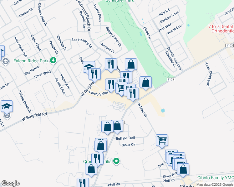map of restaurants, bars, coffee shops, grocery stores, and more near 659 Cibolo Valley Drive in Cibolo