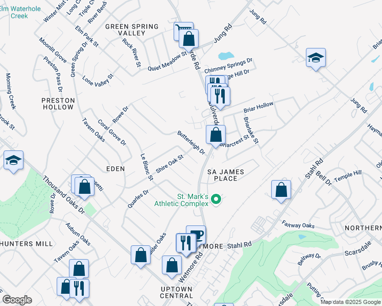 map of restaurants, bars, coffee shops, grocery stores, and more near 3501 Oakfort Street in San Antonio
