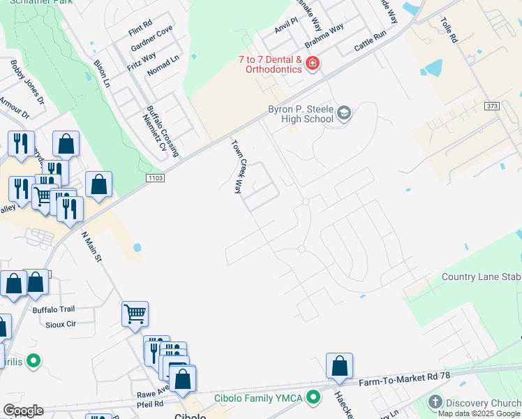 map of restaurants, bars, coffee shops, grocery stores, and more near 117 Clapboard Run in Cibolo