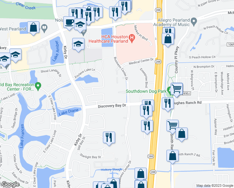 map of restaurants, bars, coffee shops, grocery stores, and more near 2200 Business Center Drive in Pearland