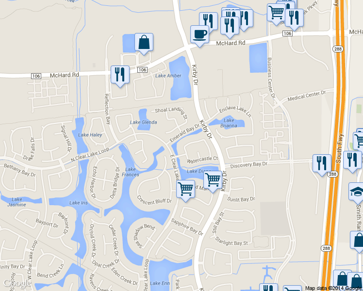 map of restaurants, bars, coffee shops, grocery stores, and more near 2204 Hollow Shore Street in Pearland