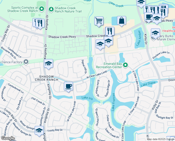 map of restaurants, bars, coffee shops, grocery stores, and more near 12301 Silent Creek Drive in Pearland