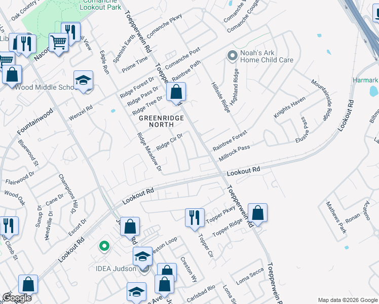 map of restaurants, bars, coffee shops, grocery stores, and more near 14215 Ridge Point Drive in San Antonio