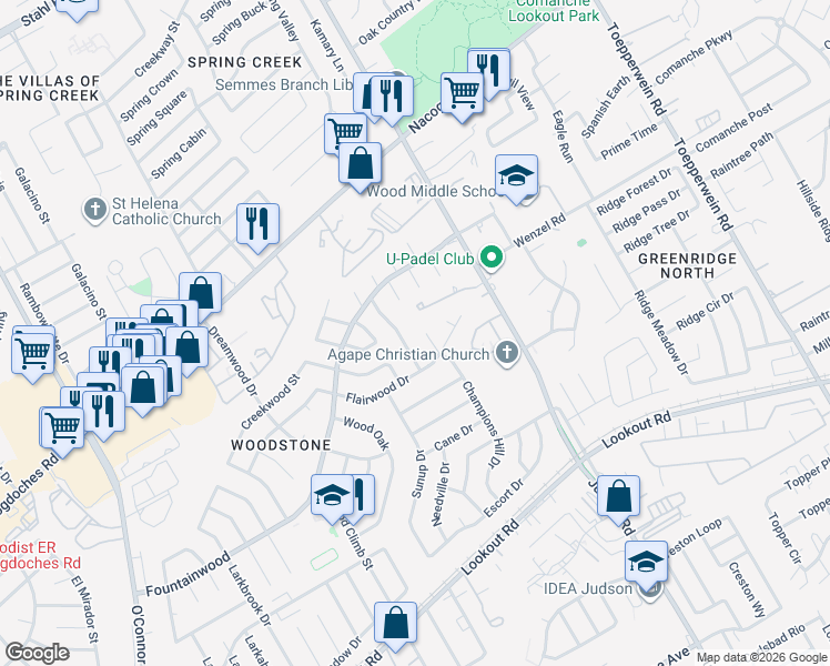 map of restaurants, bars, coffee shops, grocery stores, and more near 5807 Champions Hill Drive in San Antonio