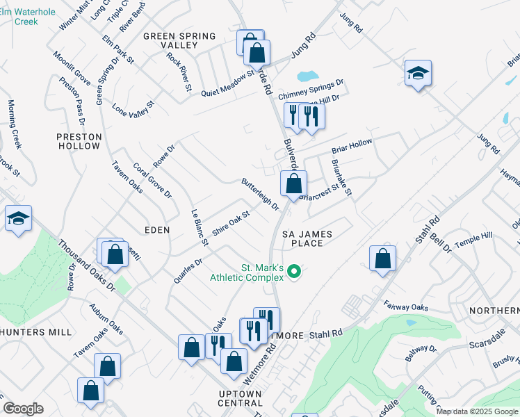 map of restaurants, bars, coffee shops, grocery stores, and more near 3501 Oakfort Street in San Antonio