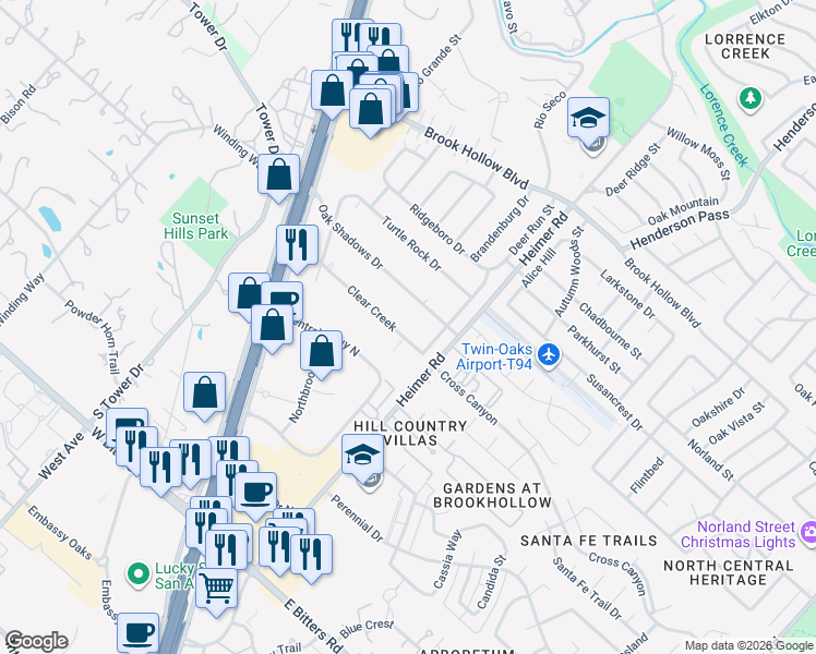map of restaurants, bars, coffee shops, grocery stores, and more near 14202 Clear Creek in San Antonio
