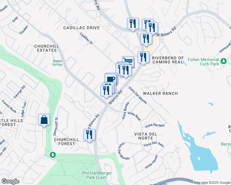 map of restaurants, bars, coffee shops, grocery stores, and more near 13489 Blanco Road in San Antonio