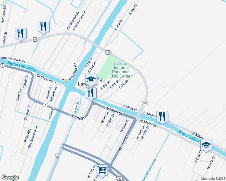 map of restaurants, bars, coffee shops, grocery stores, and more near 120 East 7th Street in Larose