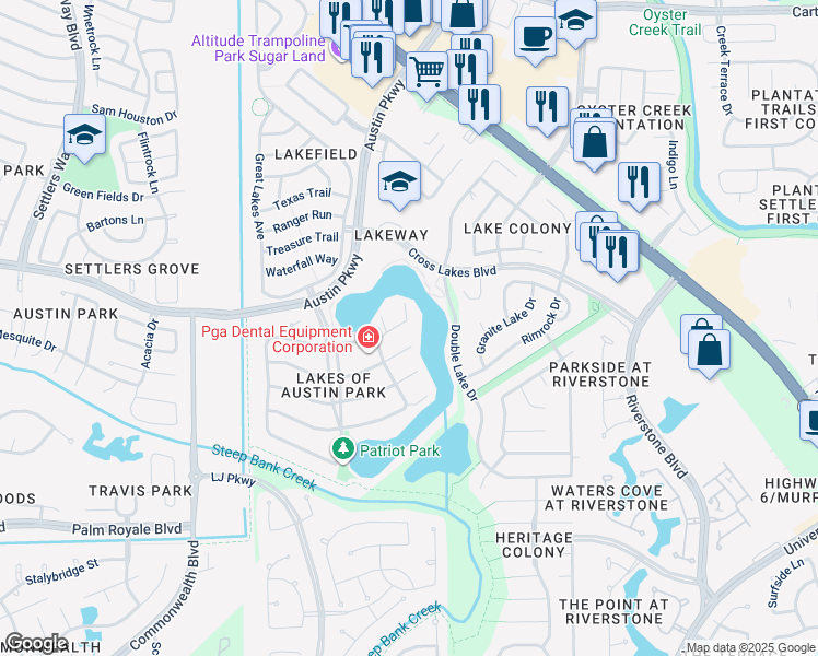 map of restaurants, bars, coffee shops, grocery stores, and more near 4619 Jamaica Drive in Sugar Land