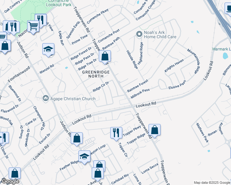 map of restaurants, bars, coffee shops, grocery stores, and more near 14215 Ridge Point Drive in San Antonio