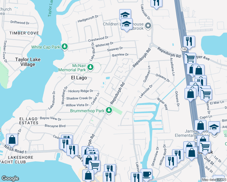 map of restaurants, bars, coffee shops, grocery stores, and more near 2555 Repsdorph Road in Seabrook